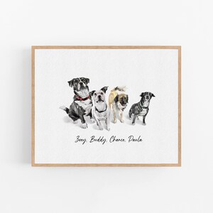 Op de afbeelding: Een aquarel schilderij van vier honden. De honden zijn allemaal van verschillende rassen en kleuren. De honden staan in een rij, en hun namen staan eronder: Zoey, Buddy, Chance, Paula.