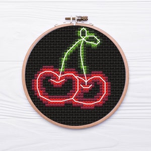 Neon Cherries Cross Stitch Pattern, Embroidery Pattern