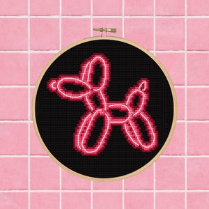 Neon Balloon Animal Cross Stitch Pattern, Embroidery Pattern (Pink)