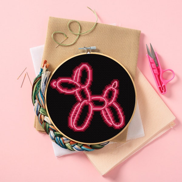 Neon Balloon Animal Cross Stitch Pattern, Embroidery Pattern (Pink)