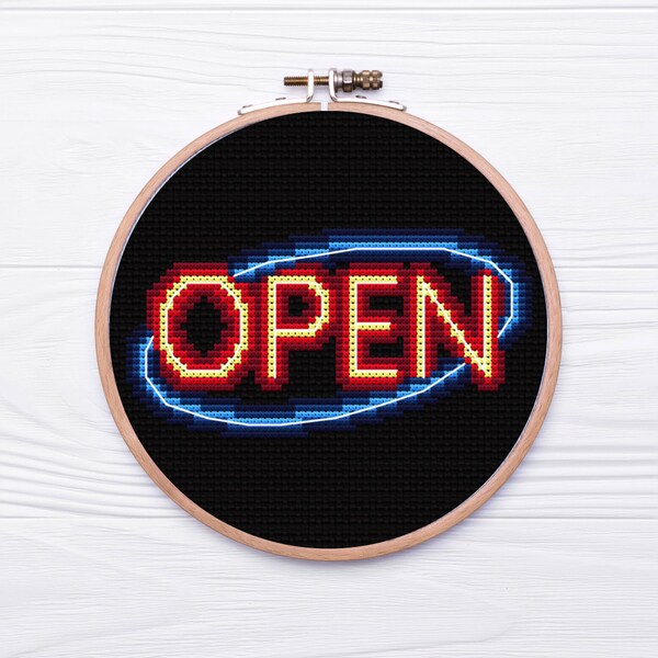 Neon Open Sign Cross Stitch Pattern, Embroidery Pattern