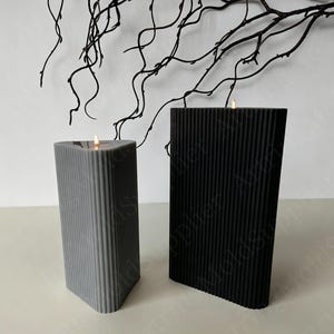 May include: Two lit pillar candles, one gray and one black, with vertical ribbed texture. The candles are rectangular with a slanted top. A dark branch decorates the background.
