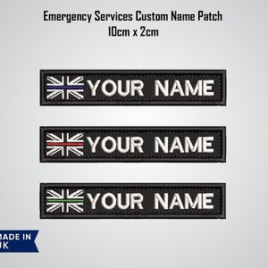 May include: Three embroidered patches featuring a Union Jack flag and the text "YOUR NAME" in white. The patches are 10 cm by 2 cm and come in three colour options: blue, red and green.