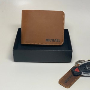 Billetera personalizada para hombres con llavero de regalo, billetera de cuero genuino, billeteras para hombres, regalo para papá, billetera de regalo grabada, regalo de aniversario