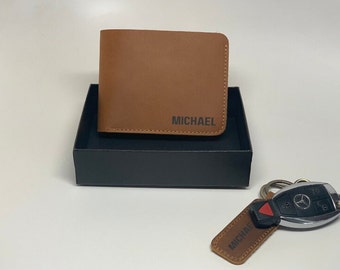 Personalized Men's Wallet with Gift Keychain, Genuine Leather Wallet, Men's Wallets, Gift for Dad, Engraved Gift Wallet, Anniversary Gift