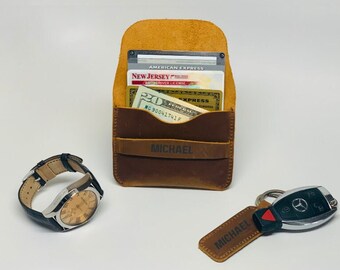 Personalized Card Holder with Gift Keychain, Engraved Leather Card holder, Leather Card Sleeve, Credit Card Wallet, Gift for Father, Husband