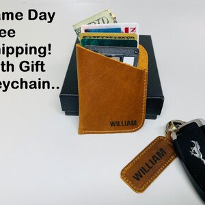 Soporte de tarjeta personalizado con llavero de regalo, soporte de tarjeta de cuero grabado, funda de tarjeta de cuero, billetera de tarjeta de crédito, regalo para padre, esposo