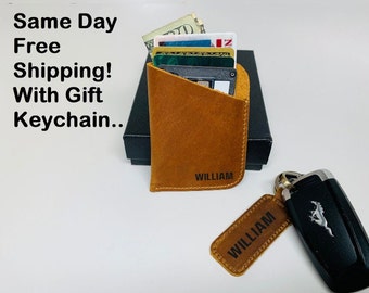 Personalized Card Holder with Gift Keychain, Engraved Leather Card holder, Leather Card Sleeve, Credit Card Wallet, Gift for Father, Husband