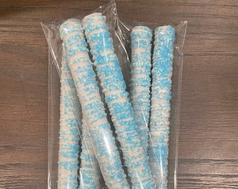 White Chocolate Blue Sprinkle Covered Pretzels