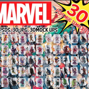 Puede incluir: Una colección de 30 maquetas de tazas de café con temática de personajes de Marvel. Las tazas son blancas con una variedad de personajes de Marvel impresos en ellas. El texto "30 PSDs, 30 JPG, 30 MOCK UPS" está en la parte inferior de la imagen. El texto "PSDs MUG TEMPLATES 30" está en una forma de estrella amarilla en la parte superior derecha de la imagen.