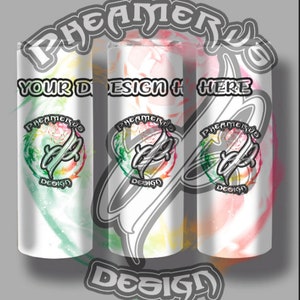 Puede incluir: Tres vasos de sublimación blancos con un diseño de acuarela colorido y el texto "YOUR DESIGN HERE" y "PHEAMERU'S DESIGN" en cada vaso.