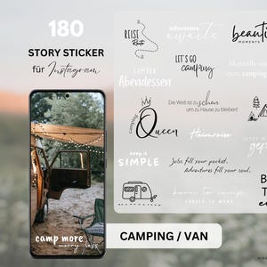 Könnte beinhalten: Ein digitales Produkt mit 180 Instagram Story-Stickern zu Camping- und Van-Themen. Das Bild zeigt ein Smartphone, das eine Campingszene und verschiedene Textüberlagerungen in Schwarz und Weiß anzeigt.