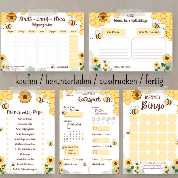 Babyparty Spiele Set deutsch zum ausdrucken Bienen | 5 Babypartyspiele sofort Download PDF in A4 | Mommy to bee | Geschenk Baby Motto Party