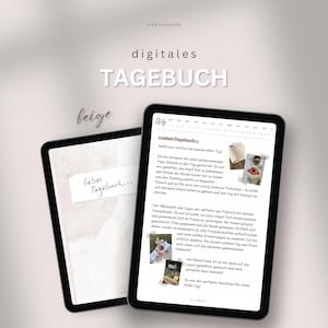 Puede incluir: Dos tabletas negras con el texto "digitales TAGEBUCH" y "Liebes Tagebuch" en alemán. Una tableta muestra una entrada de diario con fotos. El fondo es de color beige.