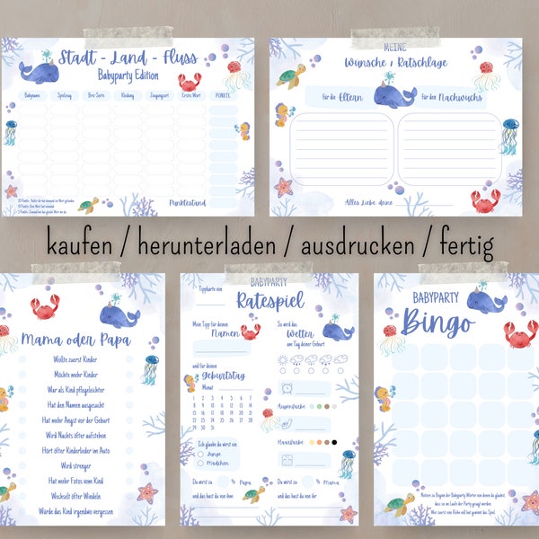 Baby Shower Games Set Printable Sea Creatures | German | 5 Baby Shower Games Download PDF in A4 | Gift baby shower underwater