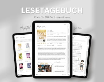 Digital läsjournal på tyska, en bokjournal för bokälskare med plats för 270 recensioner för Goodnotes och mycket mer, grå och minimalistisk