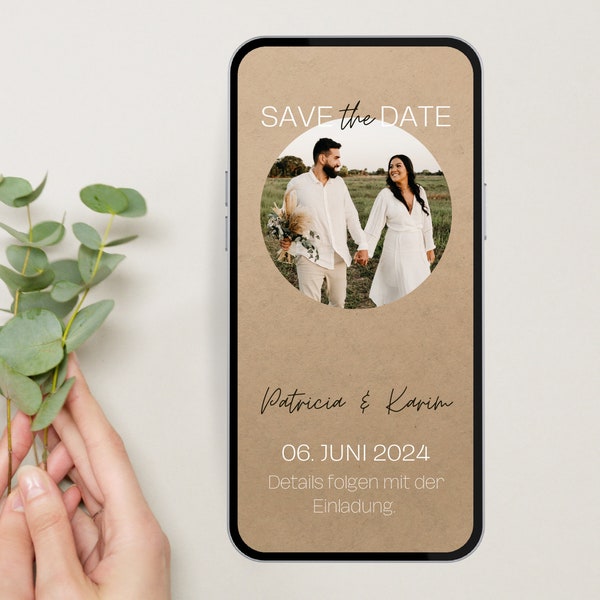 Save the Date digital | personalisierte Save the Date Karte | Hochzeitseinladung mit Foto | WhatsApp Einladung Hochzeit | Kraftpapier