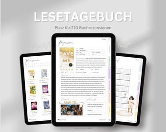 Digital läsjournal på tyska, din bokjournal med plats för 270 recensioner för Goodnotes och mycket mer, färgglad pastell
