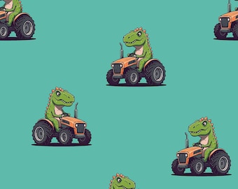 Stretchjersey i bomull med traktor och dinosauriemotiv