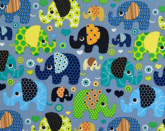 Poplin cotton patchwork fabric elephants blue