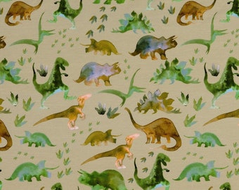 Tela de jersey orgánico jersey elástico dinosaurios beige