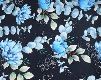 Tissu jersey jersey stretch imprimé motif floral bleu foncé