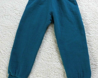 Pantalón de verano pantalón de muselina color liso talla petróleo. 62 - 158 hecho a mano