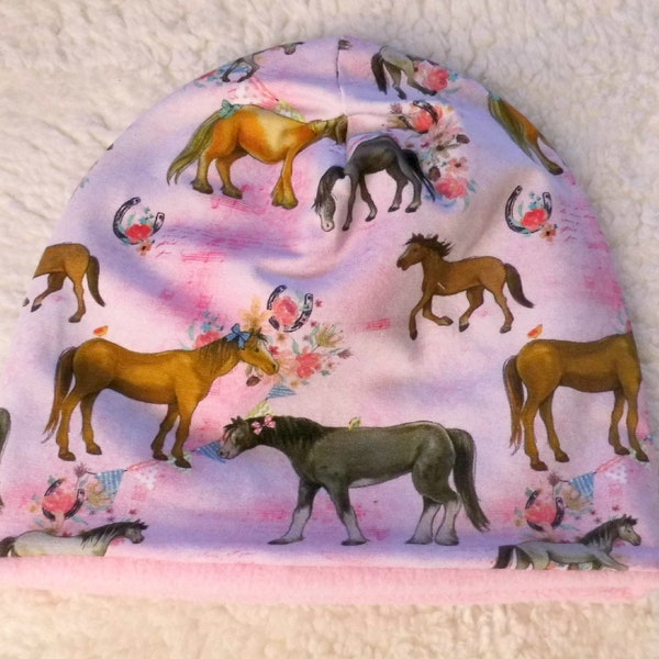 Beanie Mütze  Wendemütze mit Fleece Innenfutter zweilagig Herbst / Winter Pferdchen Rosa