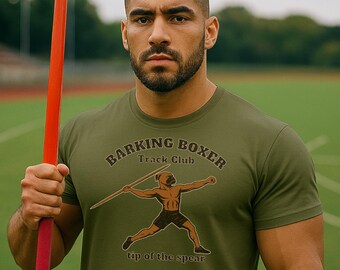 Javelin "Tip of the Spear" T‑Shirt • Track & Field Thrower Tee • Javelin Athlete Shirt • Barking Boxer Athletic Apparel.