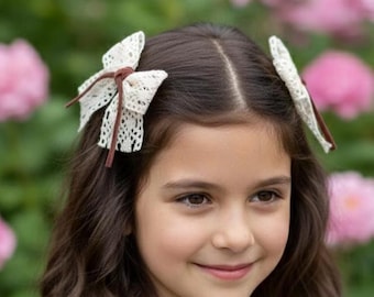 SET of 2, Cream Lace Bow Hair Clips - Baby & Toddler