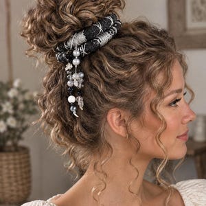 Boho Dreadlock Wrap, Black & Silver Color Spiral Hair Holder, Crystal Beads, Festival Accessory. With Shiny Glittery Thread