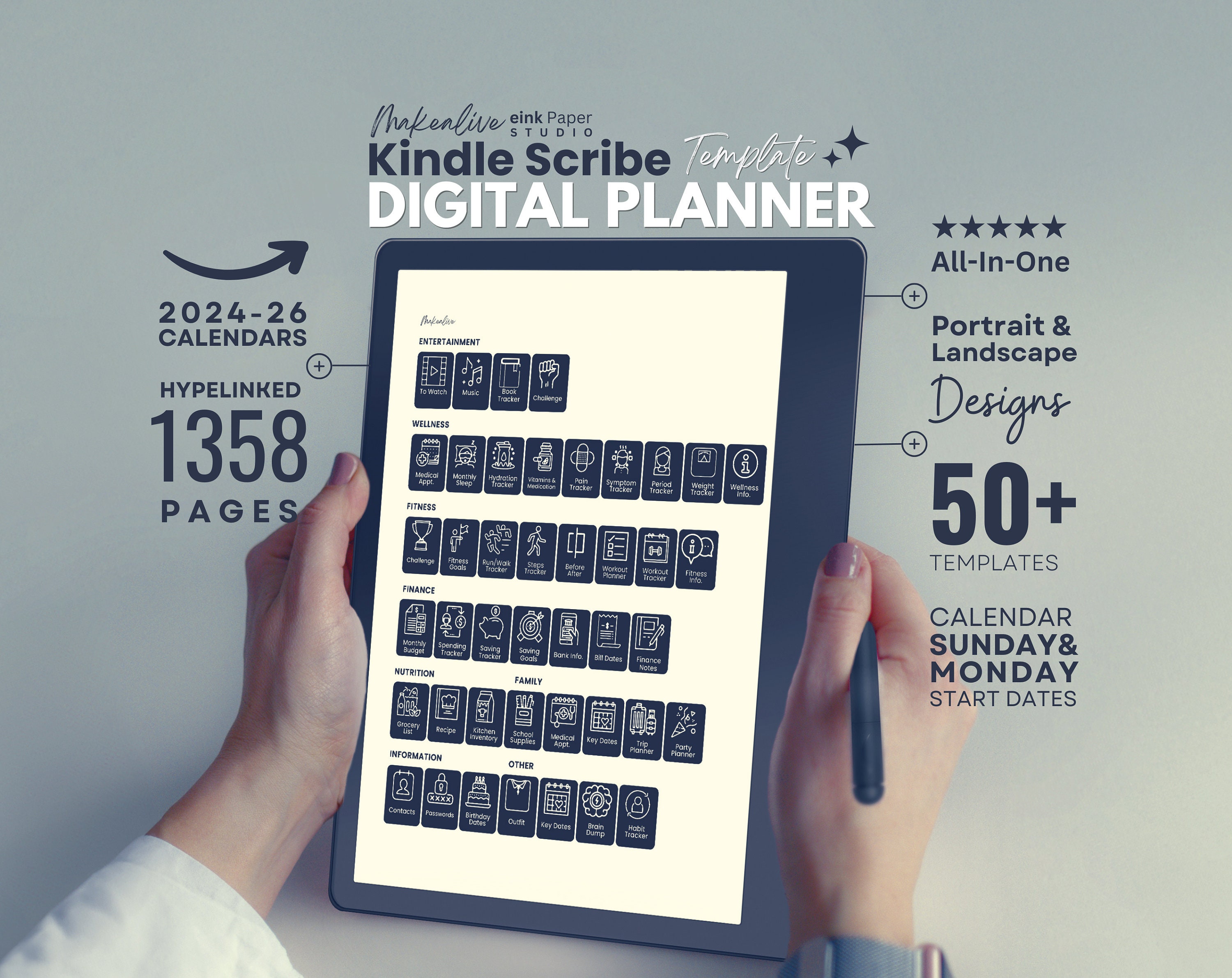 Kindle Scribe Template, Calendar 2023, 2024, 2025, All-in-One