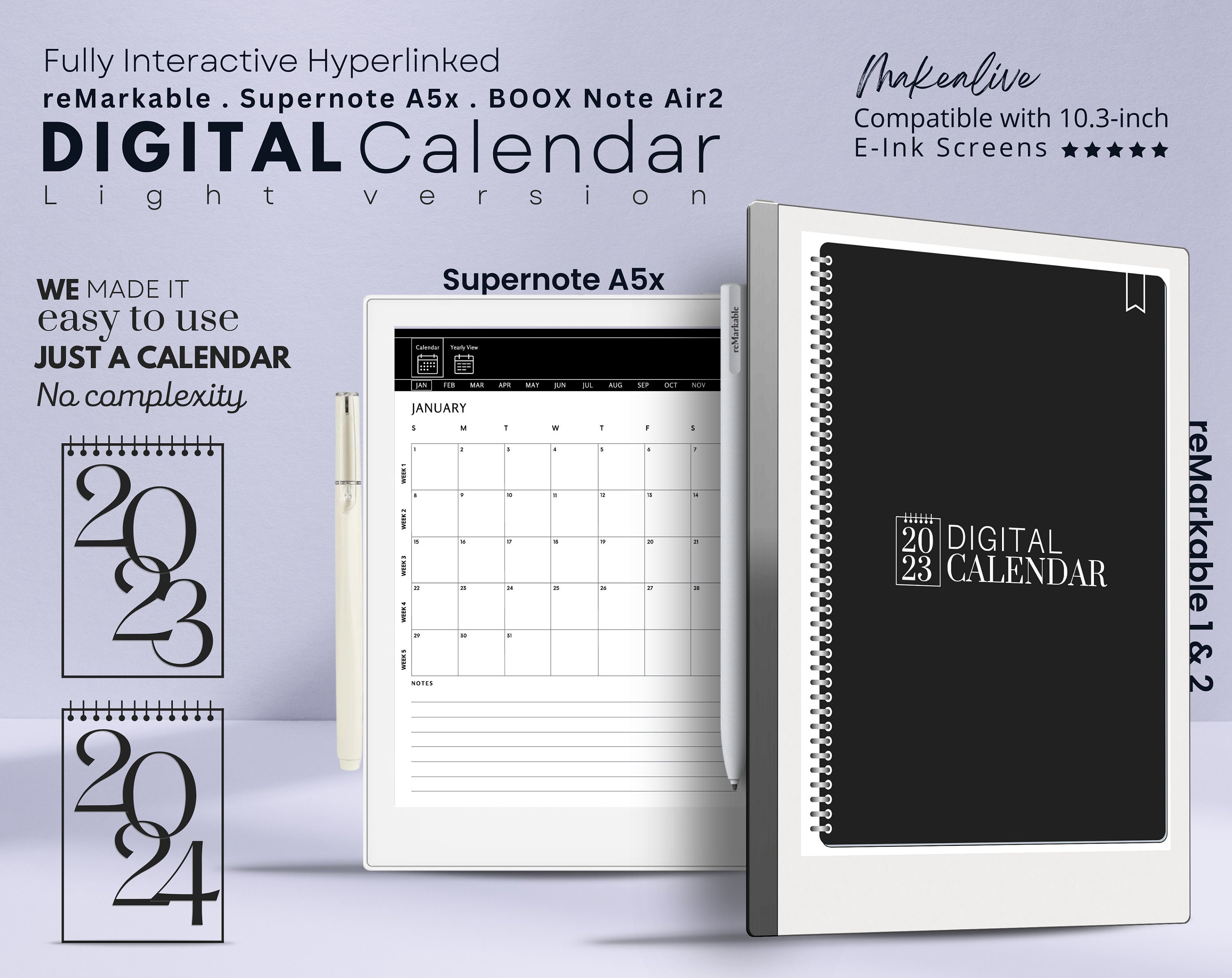 2023 2024 Interactive Calendar Remarkable 2 Template Boox Note