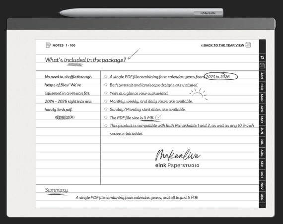 remarkable, 3 Calendar years in One PDF of 2024, 2025, 2026, Interactive Calendar, remarkable 2 template, E ink