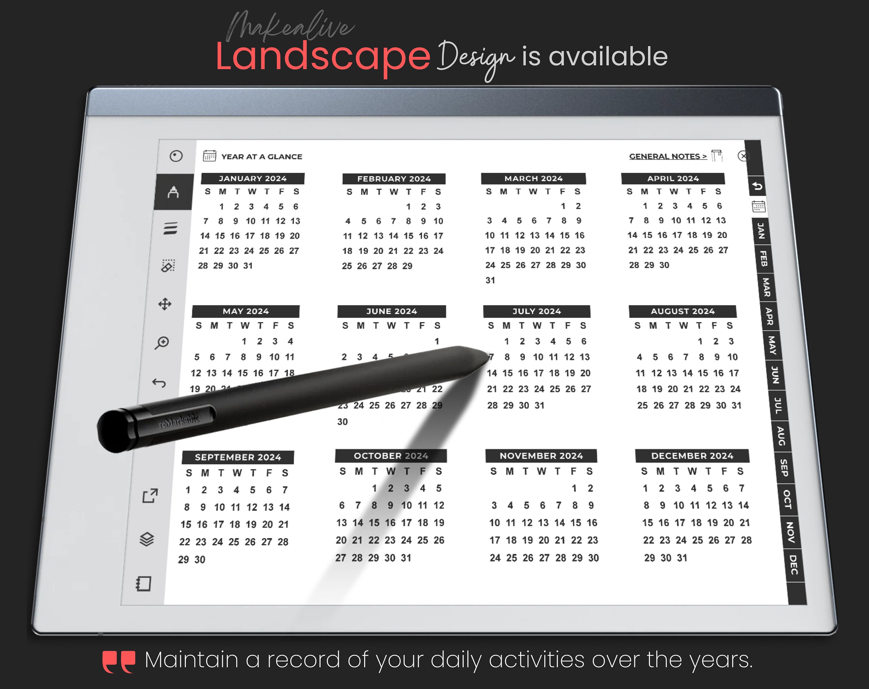 remarkable, 3 Calendar years in One PDF of 2024, 2025, 2026, Interactive Calendar, remarkable 2 template, E ink