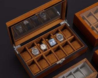 Boîte à montres de luxe en bois, boîte à montres élégante avec 5, 8, 10, 12 et 18 emplacements, boîtier de montre haut de gamme avec couvercle en verre et serrure, meilleur cadeau pour lui, père