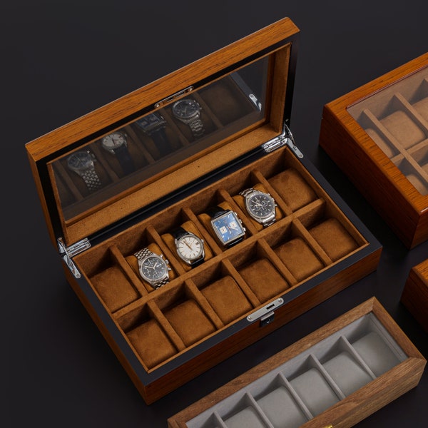 Luxus-Uhrenbox aus Holz, elegante Uhrenbox mit 5, 8, 10, 12 und 18 Steckplätzen, Premium-Uhrengehäuse mit Glasdeckel und Schloss, bestes Geschenk für ihn, Vater