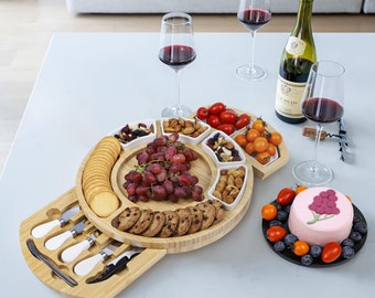 Personalised Round Charcuterie Board with Slate Tray and Ceramic Bowls, Bamboo Cheese Board with Accessories, Wedding gift,Housewarming Gift