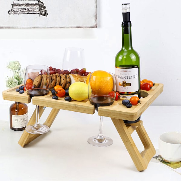 Personalised Picnic Wine Table, Engraved Picnic Table with Bottle Holder and Serving Space, Foldable Wine Table with Bottle Holder