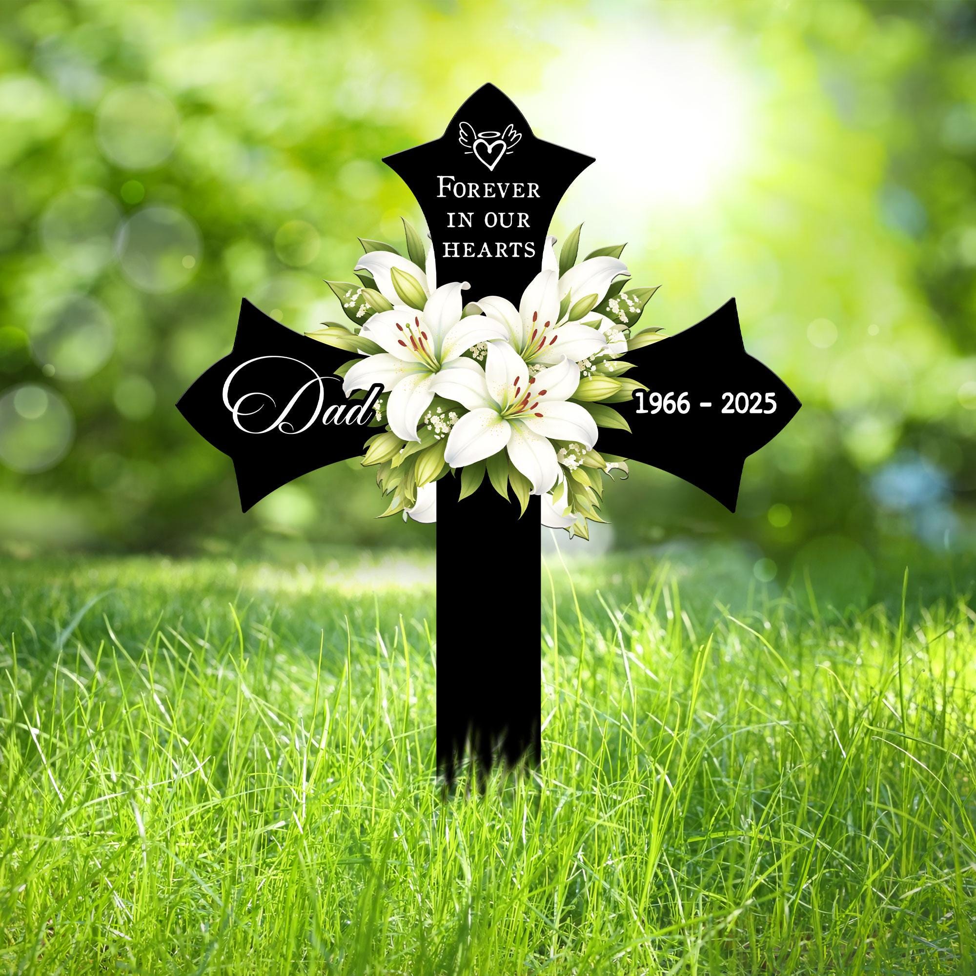 Personalized Memorial Cross With Lily Flowers, Custom Name Grave Marker ...