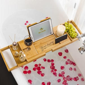 Personalised Bath Trays, Custom Engraved Bamboo Bathtub Caddy Trays, Birthday Gifts,  Extendable Bath Caddy, Personalized gift, Wedding Gift