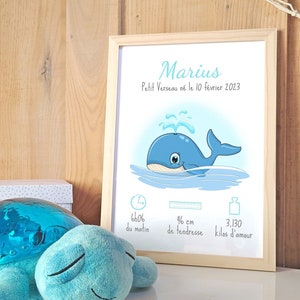Poster di nascita personalizzato Blue Whale, cornice per il nome del bambino Acquario, arredamento della camera del bambino, idea regalo per la nascita di ragazze e ragazzi