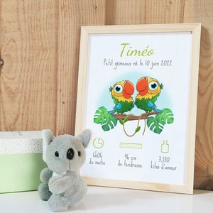 Gemini Birth Print, Inseparable Birds in the Jungle, Baby Name Frame, Nursery Decor, Baby Gift Idea for Boy and Girl