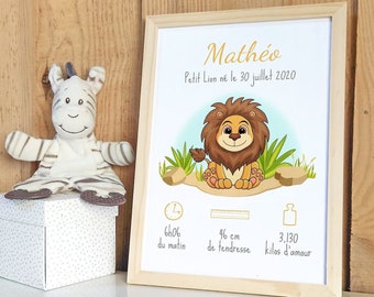 Personalized Little Lion Birth Print, Baby Name Frame, Nursery Decor, Baby Gift Idea for Boy and Girl