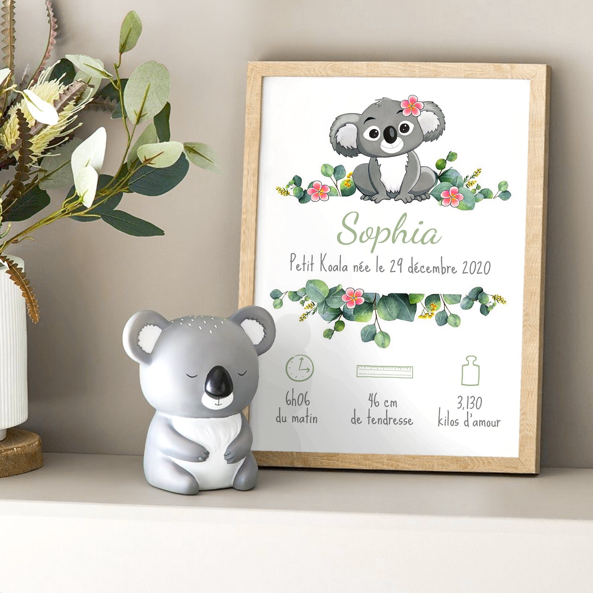 Affiche de Naissance Encadrée Petit Koala - Décoration Personnalisée Chambre Bébé Cadeau Fille