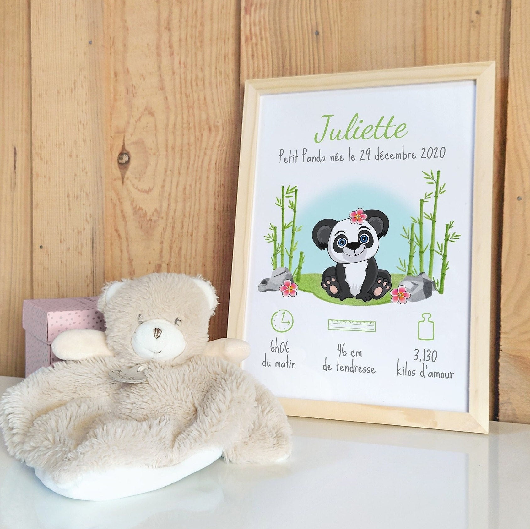 Personalized Birth Poster Panda Pink Flowers Animal Decor 