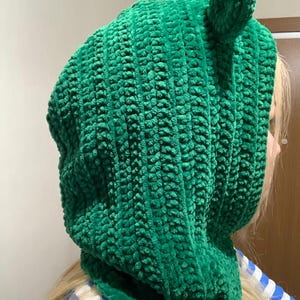 May include: A vibrant green, hooded hat with a textured, plush appearance. The hat features a rounded ear detail on top, adding a playful touch. The hood is designed to cover the head and neck, offering warmth and style. The hat is made of a soft, fuzzy material.