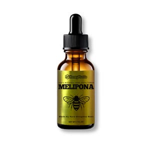 May include: A small amber glass bottle with a black dropper top. The label is gold with black text that reads "Honey PlusCo 100% NATURAL RAW UNFILTERED MELIPONA Made By Rare Stingless Bees NET WT. 1 FLOZ". A black silhouette of a bee is in the center of the label.