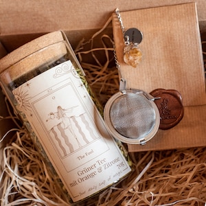 Tarot Tea Gift Set | The Fool + Tea Strainer with Citrine Gemstone Pendant | Green tea with orange, lemon & ginger | witchy gift set