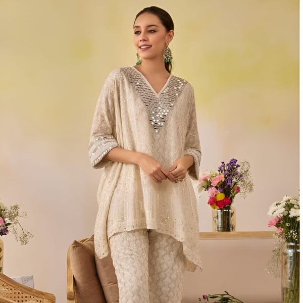 Pakistaanse kaftan eid kaftan chikankari kaftan spiegelwerk kaftan witte kaftan met onderste broek 2 stuk